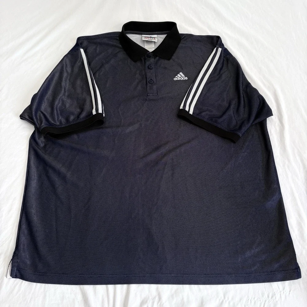 Vintage Y2k‎ Adidas Mens 2XL Blue Striped Polo Shirt Shiny Collared Heavy Sports